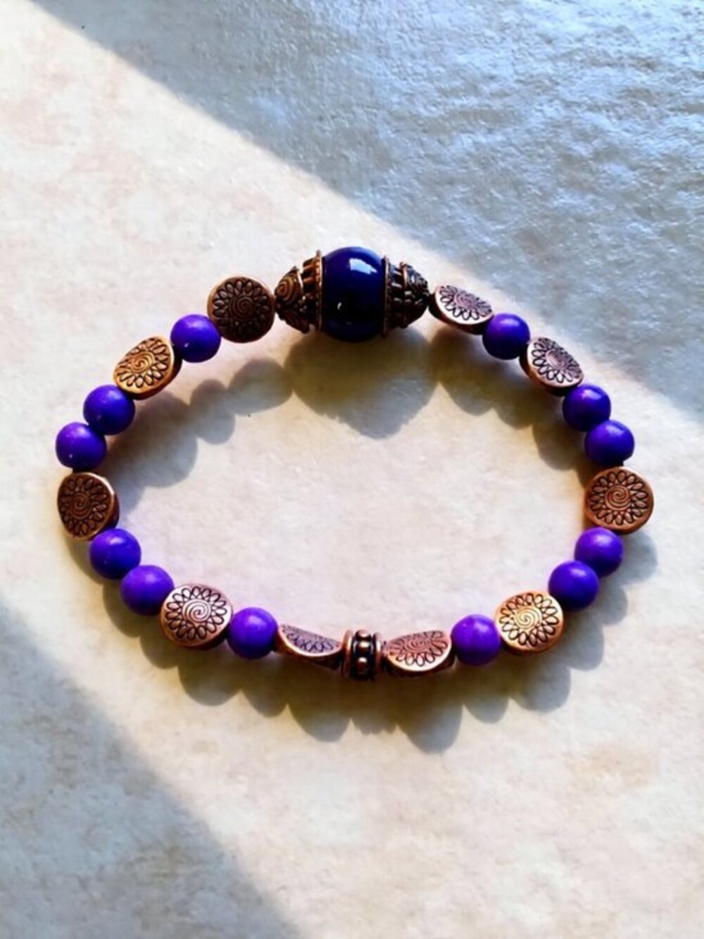 Handmade Purple & Copper Stretch Bracelet 6-6.75" ~ Boho Festival Free Spirit